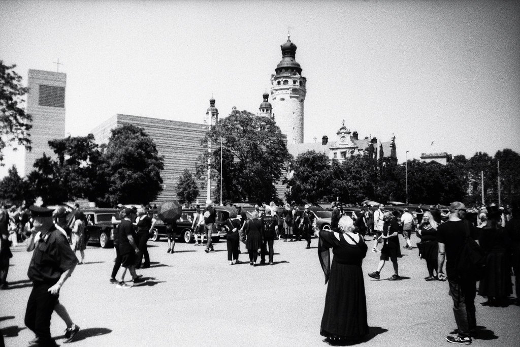 analog photography: Hearse procession at the 2026 Wave-Gotik-Treffen Leipzig Wilhelm-Leuschner-Platz