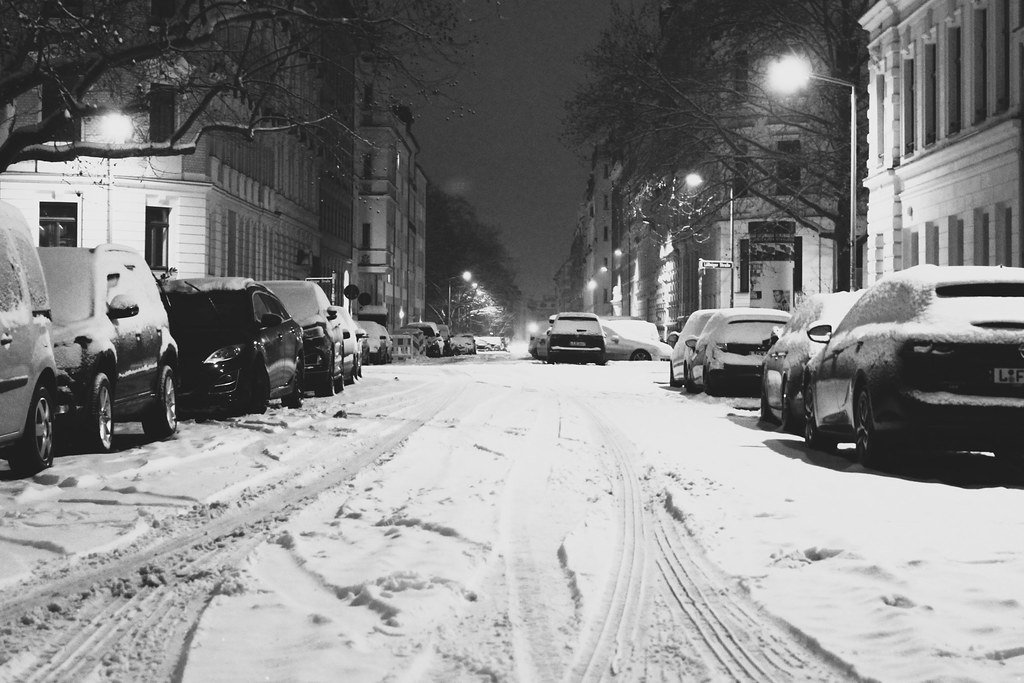A nighttime street scene in winter